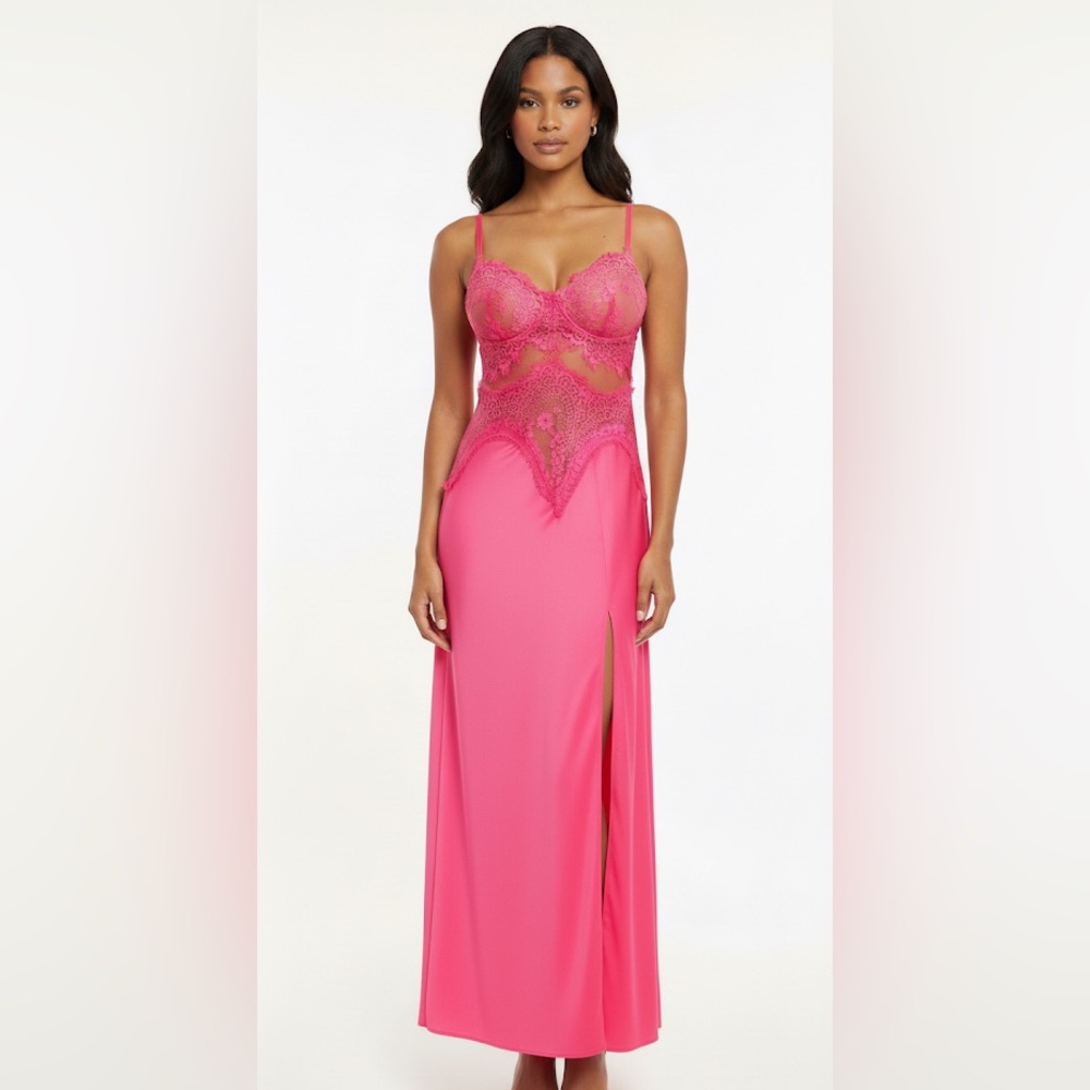 ‼️SEXY BRIGHT PINK LACE MAXI DRESS CORSET CAMISOLE RESORT BEACH BRUNCH L‼️